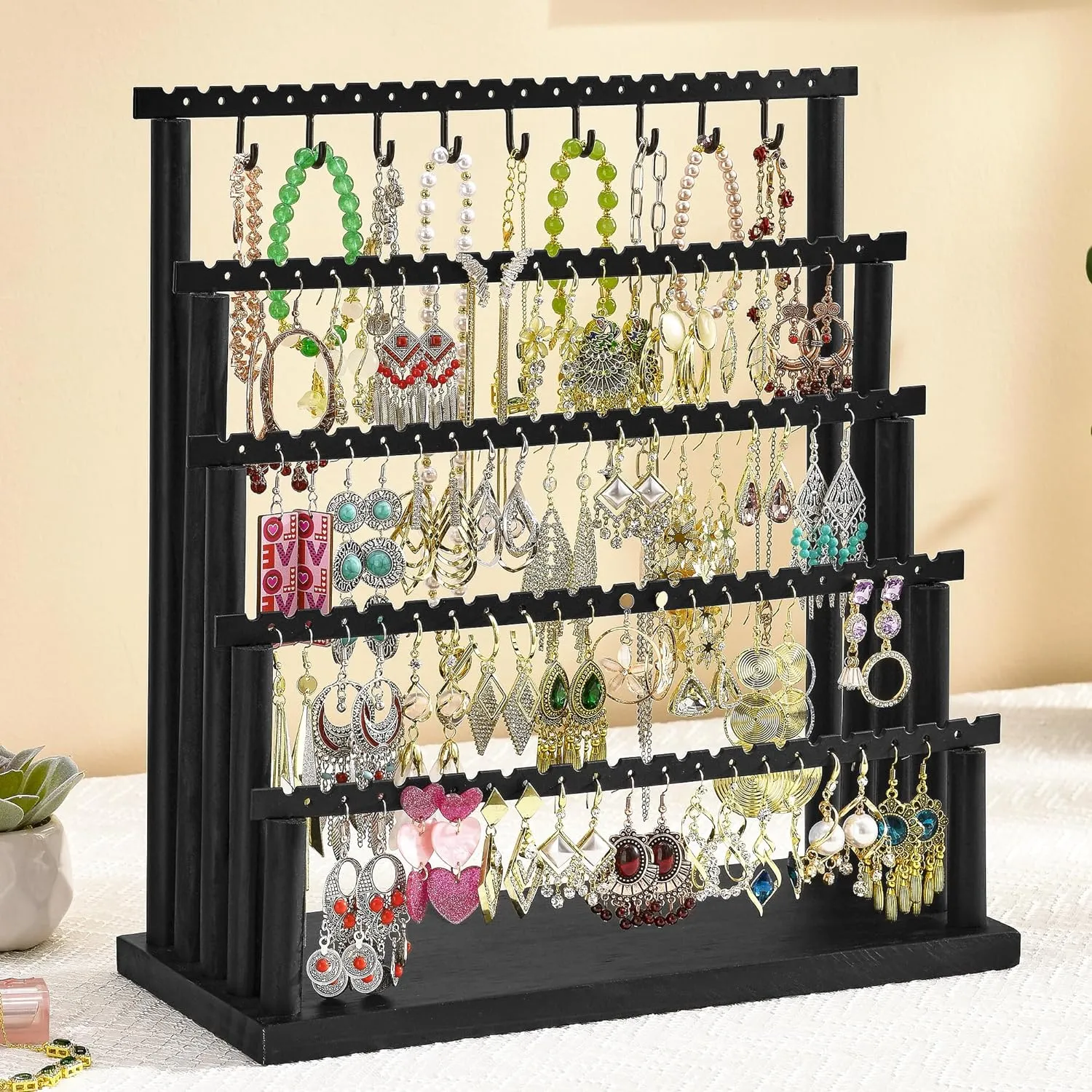 Earring Holder, 5 Layer Earring Organizer Diaplay Stand for Earring Necklace Bracelets, Jewelry Organizers and Storages, Gifts for Girls Women (Black)