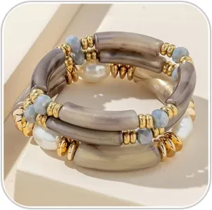 eartif Bamboo Tube Bracelets for Women Chunky Acrylic Curved Tube Stackable Bangles Handmade Pearl Beaded Stretch Wrap Bracelets Friendship Bracelet Set Summer Beach Jewelry Gifts