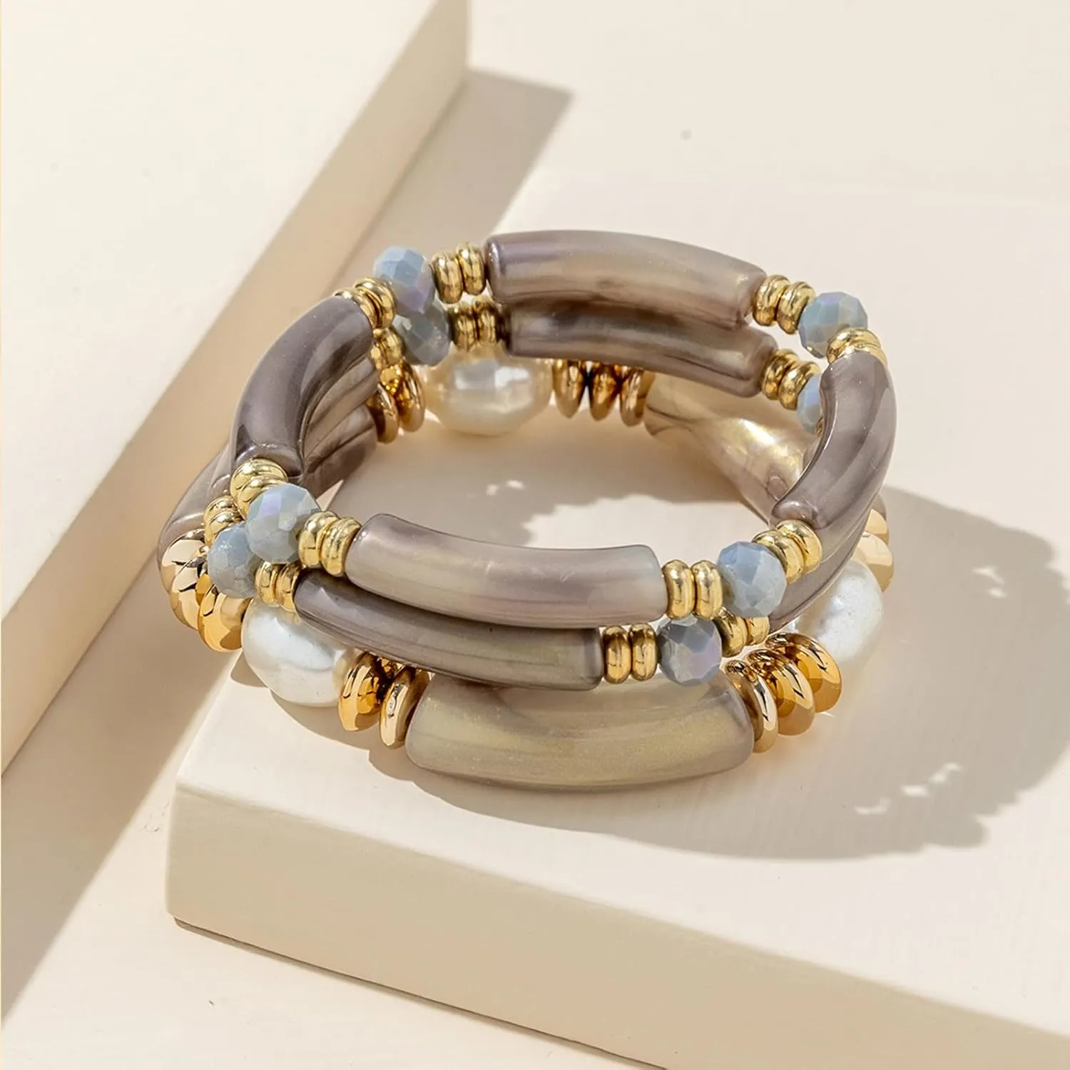 eartif Bamboo Tube Bracelets for Women Chunky Acrylic Curved Tube Stackable Bangles Handmade Pearl Beaded Stretch Wrap Bracelets Friendship Bracelet Set Summer Beach Jewelry Gifts