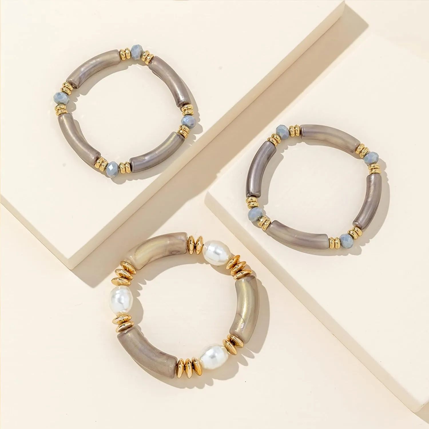 eartif Bamboo Tube Bracelets for Women Chunky Acrylic Curved Tube Stackable Bangles Handmade Pearl Beaded Stretch Wrap Bracelets Friendship Bracelet Set Summer Beach Jewelry Gifts