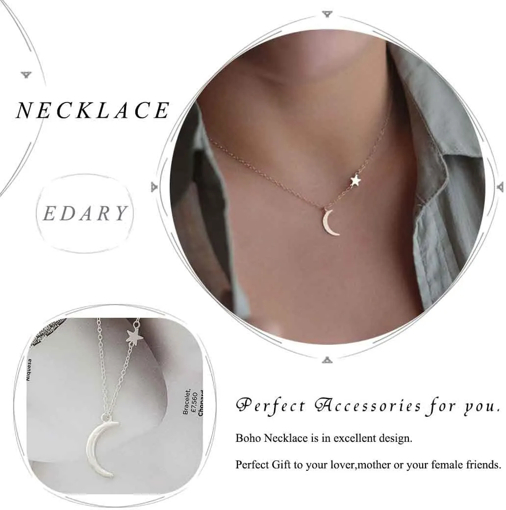 Edary Boho Moon Necklace Star Pendant Necklaces Jewlery for Women(Style 5-Gold)