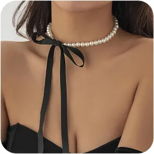 Elegant Boho Pearl Choker Necklace with Ribbon Bow Detail - A Trendy Beaded Necklace Jewelry for Women