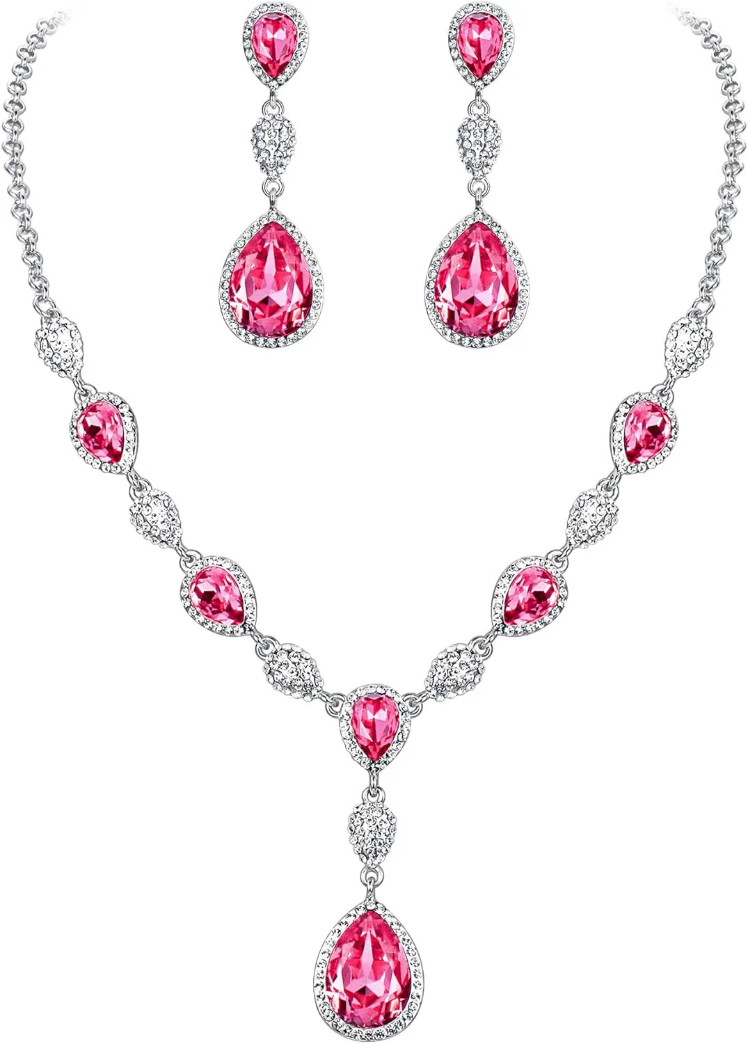 EleQueen Women's Cubic Zirconia Teardrop Y-Necklaces Dangle Earrings Jewelry Sets for Brides Bridesmaids
