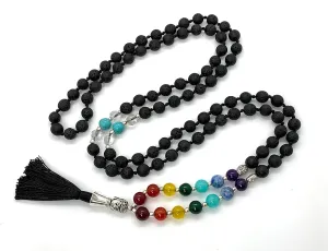Energized 7 Chakra mala Hand Knotted 108 mala beads necklaces - Japa mala - Buddhist prayer beads - Meditation beads - Healing crystals for men women (Lava Rock chakra mala)