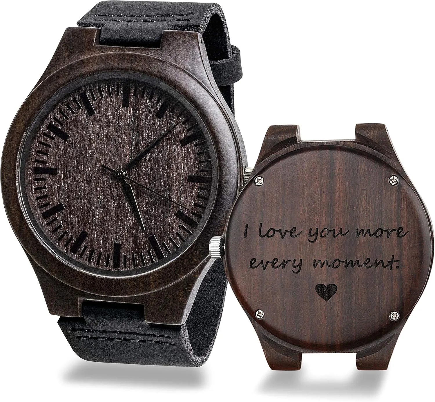 Engraved Mens Handmade Vintage Analog Quartz Personalized Wooden Watches Custom Men Watch with Cowhide Leather Strap Sleek Ebony Wood Personalized Gifts for Men Husband Boyfriend