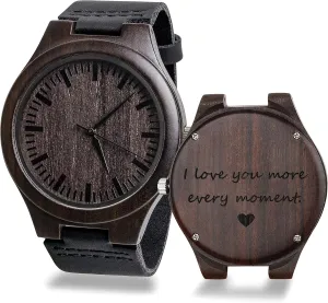 Engraved Mens Handmade Vintage Analog Quartz Personalized Wooden Watches Custom Men Watch with Cowhide Leather Strap Sleek Ebony Wood Personalized Gifts for Men Husband Boyfriend