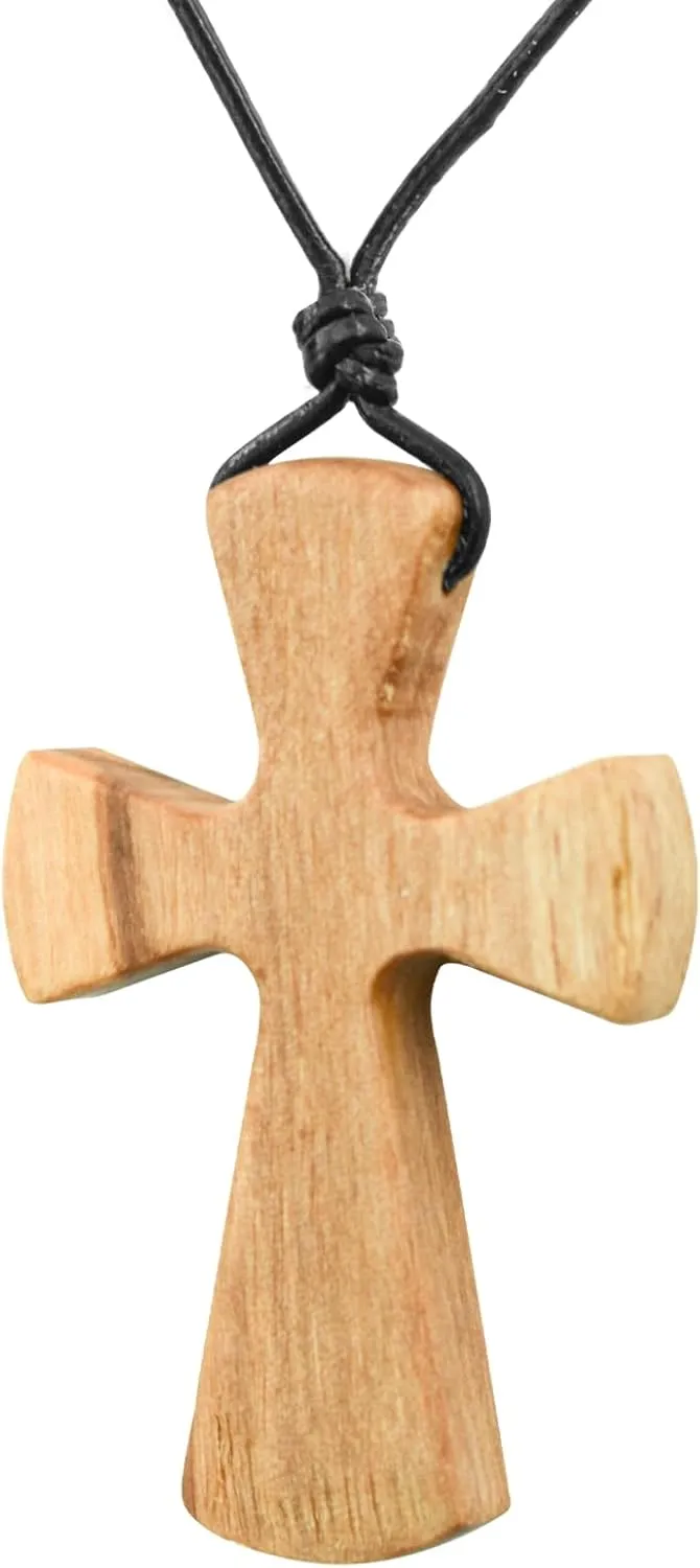 Enkrio Natural Wood Cross Pendant Necklace Tapered Wooden Cross Necklace with Adjustable Leather Cord Religious Jewelry for Men Women