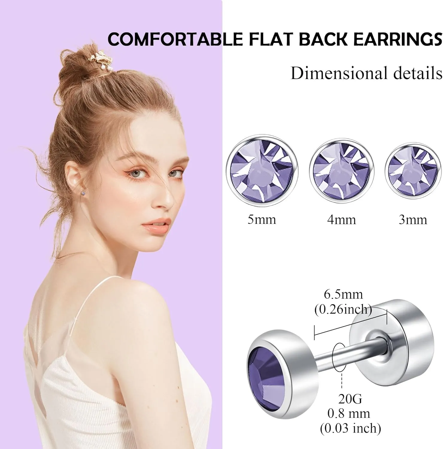 FACOKO 3 Pairs Ladies Flat Back Titanium Stud Earrings Crystal Decoration Anti-Allergy Transparent/Purple Available 3MM/4MM/5MM Safety Stud Set For Sensitive Ears