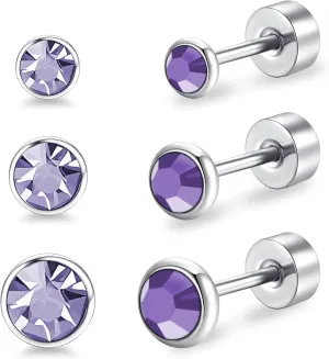FACOKO 3 Pairs Ladies Flat Back Titanium Stud Earrings Crystal Decoration Anti-Allergy Transparent/Purple Available 3MM/4MM/5MM Safety Stud Set For Sensitive Ears
