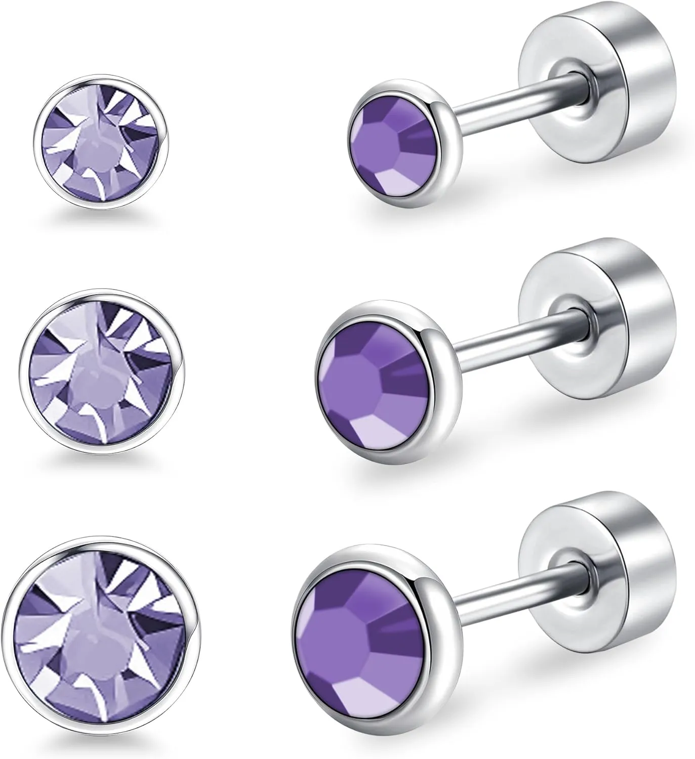 FACOKO 3 Pairs Ladies Flat Back Titanium Stud Earrings Crystal Decoration Anti-Allergy Transparent/Purple Available 3MM/4MM/5MM Safety Stud Set For Sensitive Ears