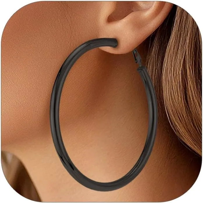 FaithHeart Chunky Hoop Earrings for Women, Silver/Black/14K Gold Plated Stainless Steel Earrings Hollow Tube Hoops Hypoallergenic Lightweight Earring 20/30/40/60/80mm