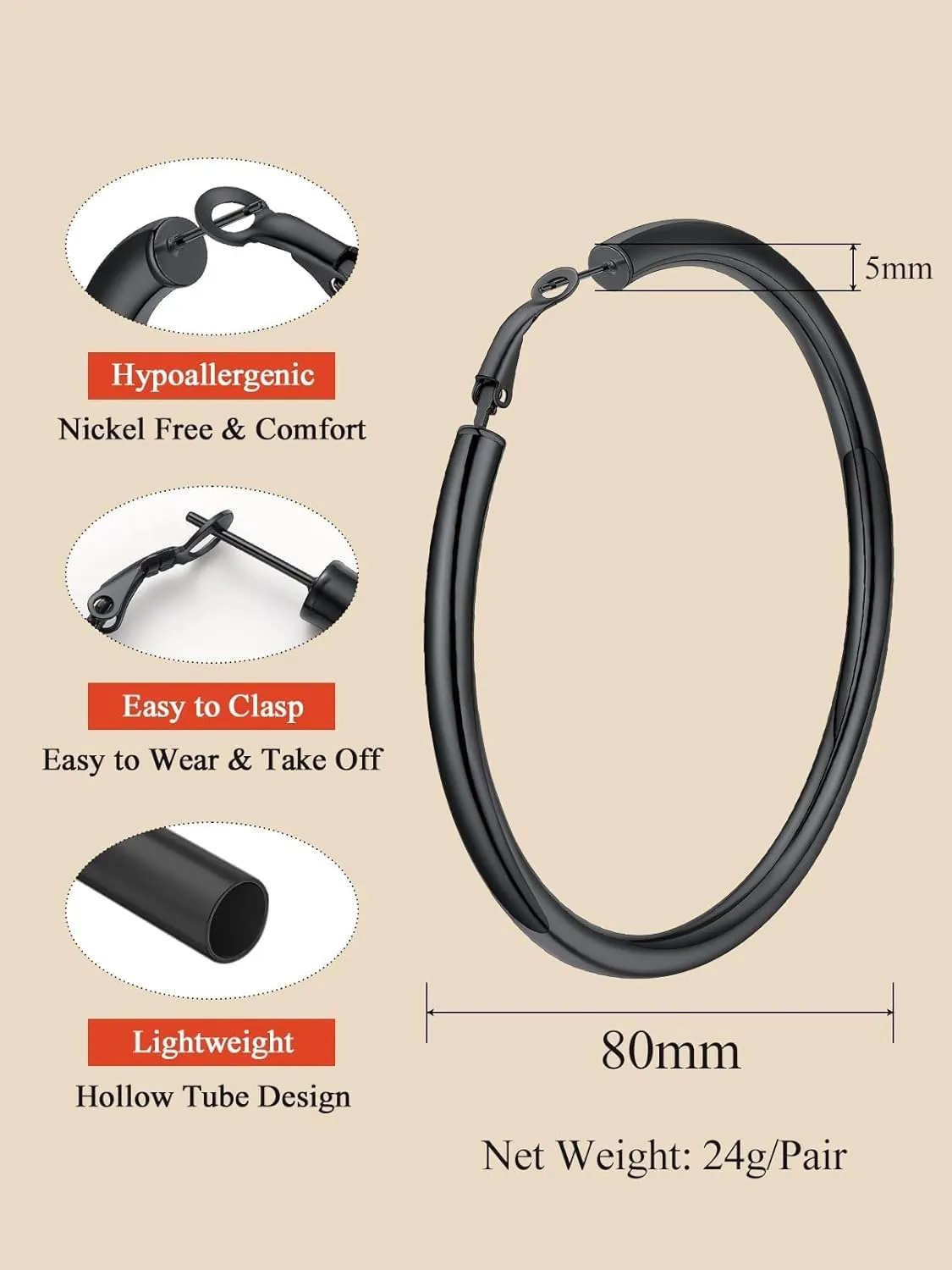 FaithHeart Chunky Hoop Earrings for Women, Silver/Black/14K Gold Plated Stainless Steel Earrings Hollow Tube Hoops Hypoallergenic Lightweight Earring 20/30/40/60/80mm