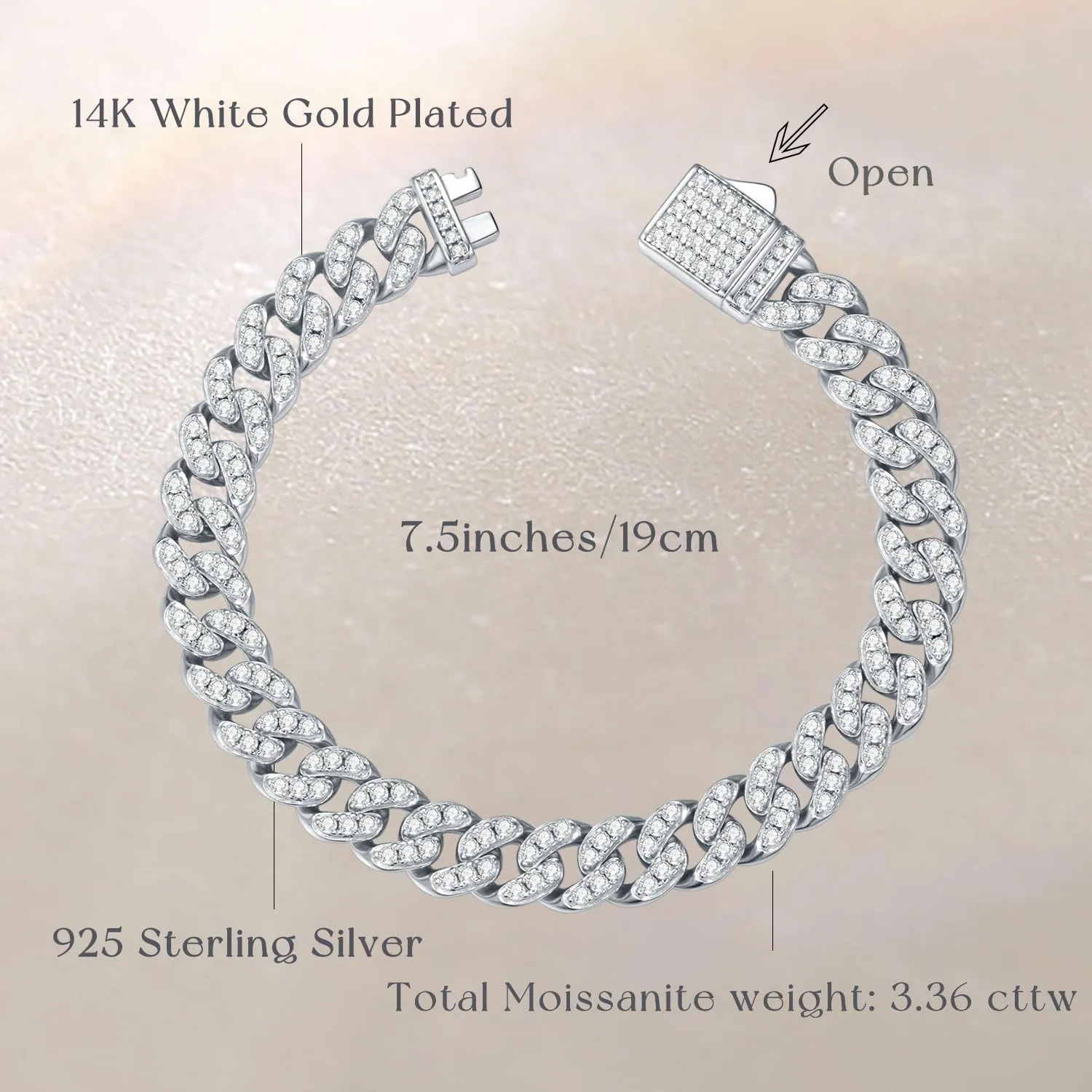 FANCIME 3-3.54 Carats Moissanite Bracelet,8MM Moissanite Cuban Link Bracelet 925 Sterling Silver Cuban Bracelet D Color VVS1 Round Cut Bling Iced Out Miami Imitation Diamond Link Bracelet for Women Men
