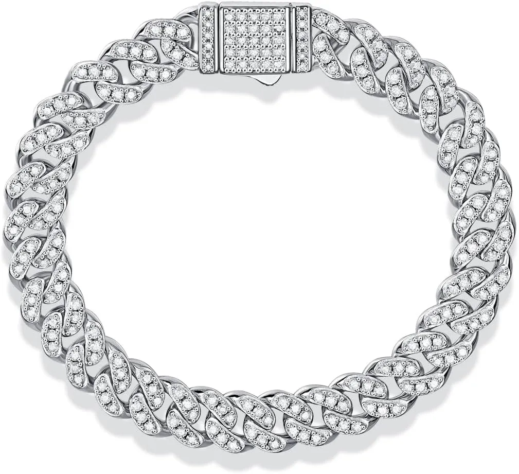 FANCIME 3-3.54 Carats Moissanite Bracelet,8MM Moissanite Cuban Link Bracelet 925 Sterling Silver Cuban Bracelet D Color VVS1 Round Cut Bling Iced Out Miami Imitation Diamond Link Bracelet for Women Men