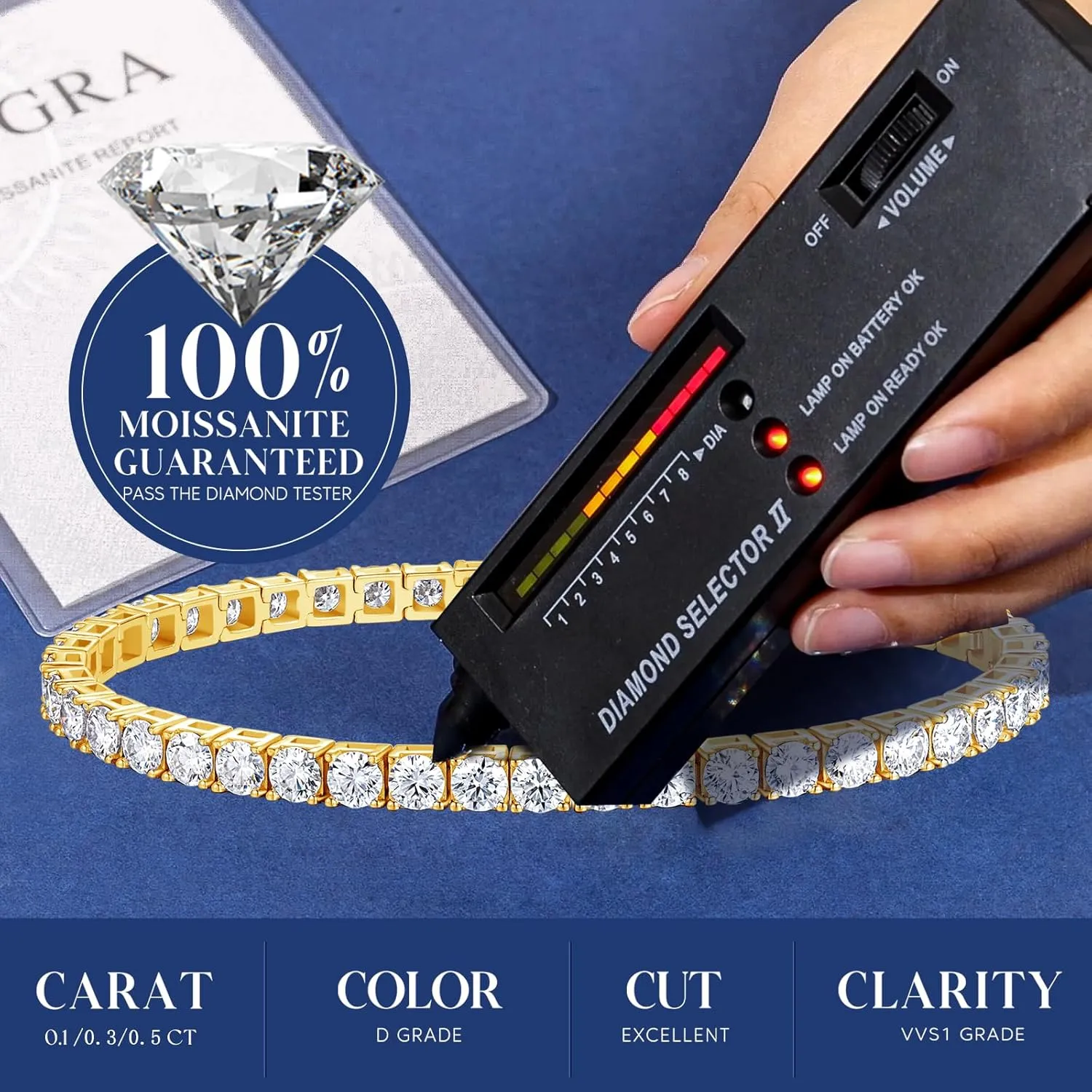 FANCIME Moissanite Tennis Bracelet 4.7-19 Carats 18K Gold Plated 925 Sterling Silver Tennis Bracelet 3mm/4mm/5mm D Color VVS1 Round Cut Moissanite Bracelet for Women Men