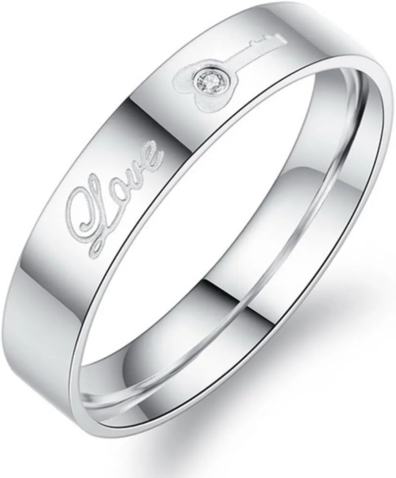 Fashion Month Couples Unique White Titanium Stainless Steel Rings Love Lock Key Engagement Wedding Bands Crystal Inlay