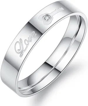 Fashion Month Couples Unique White Titanium Stainless Steel Rings Love Lock Key Engagement Wedding Bands Crystal Inlay