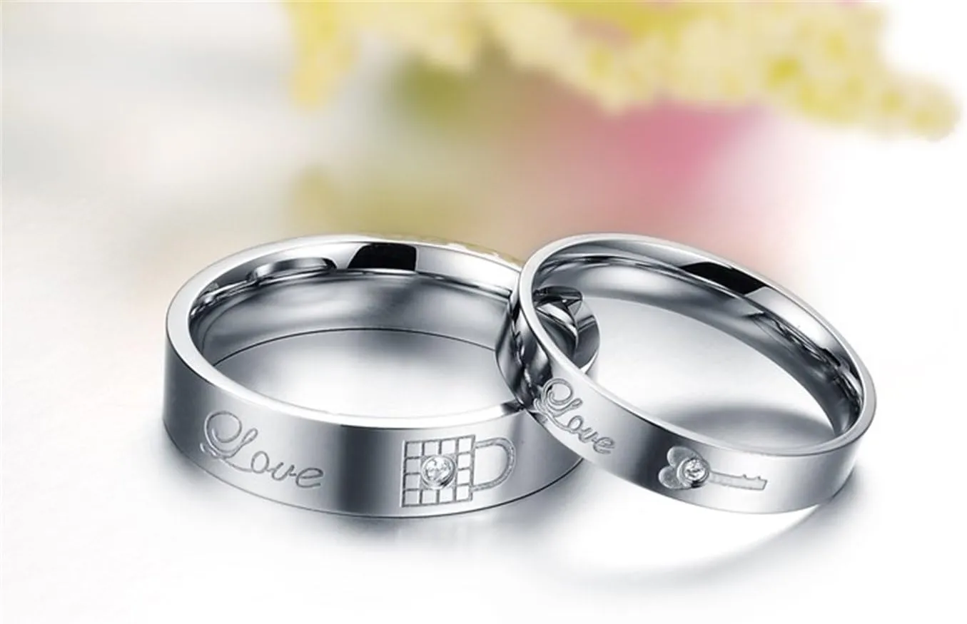 Fashion Month Couples Unique White Titanium Stainless Steel Rings Love Lock Key Engagement Wedding Bands Crystal Inlay