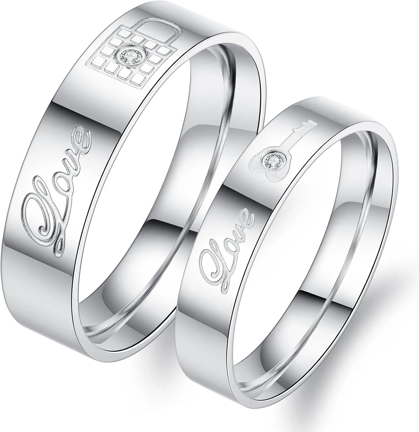 Fashion Month Couples Unique White Titanium Stainless Steel Rings Love Lock Key Engagement Wedding Bands Crystal Inlay