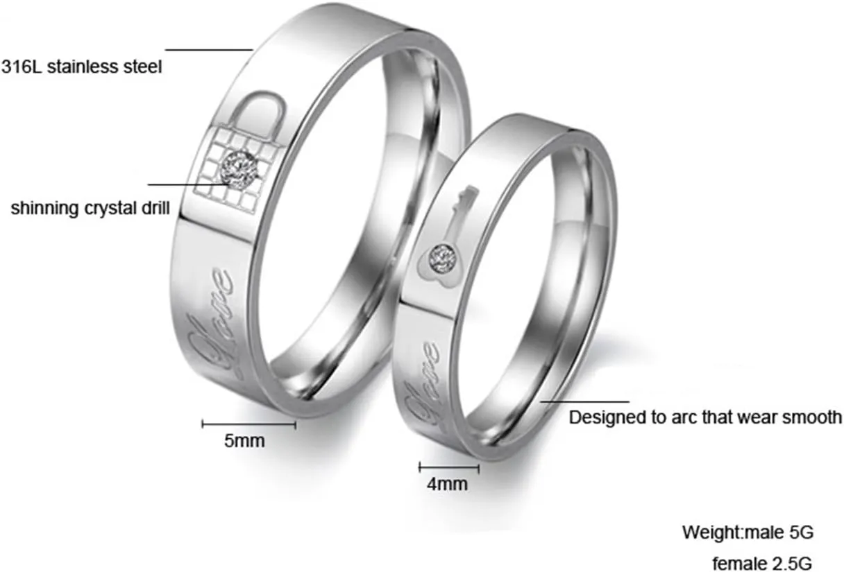 Fashion Month Couples Unique White Titanium Stainless Steel Rings Love Lock Key Engagement Wedding Bands Crystal Inlay