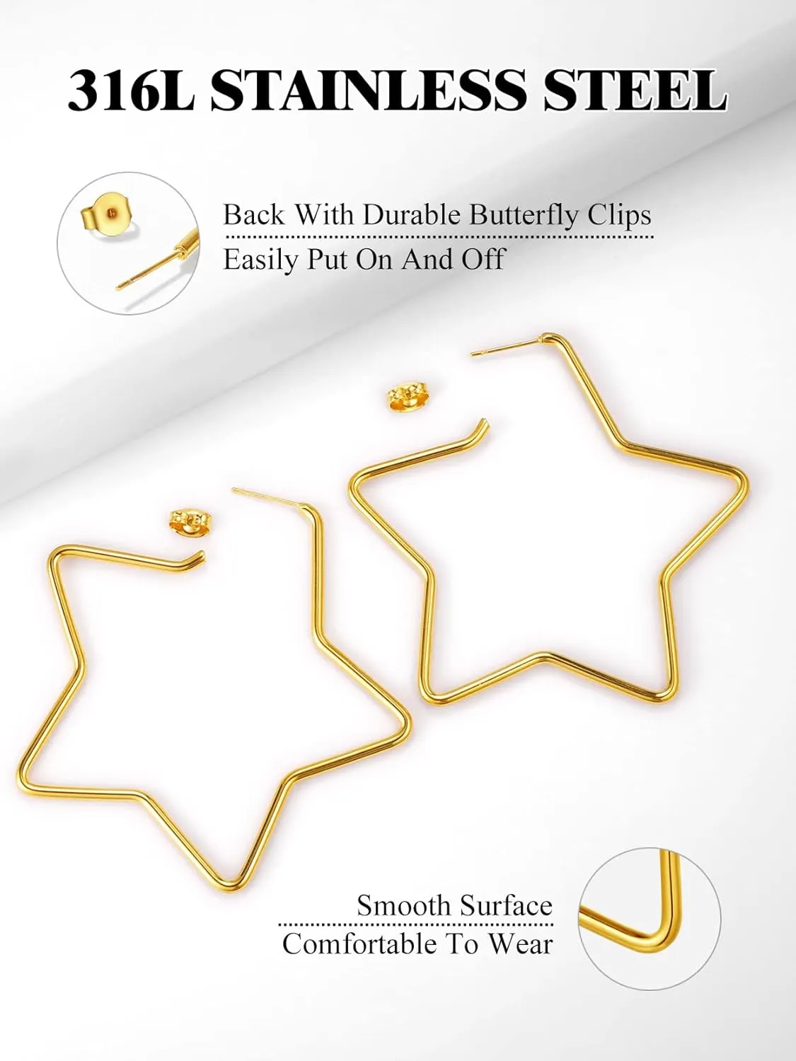 Fashion Star Hoop Earrings for Women Stainless Steel/18K Gold/Black Plated Big Earring Hoops Fit Sensitive Ears(with Gift Box)
