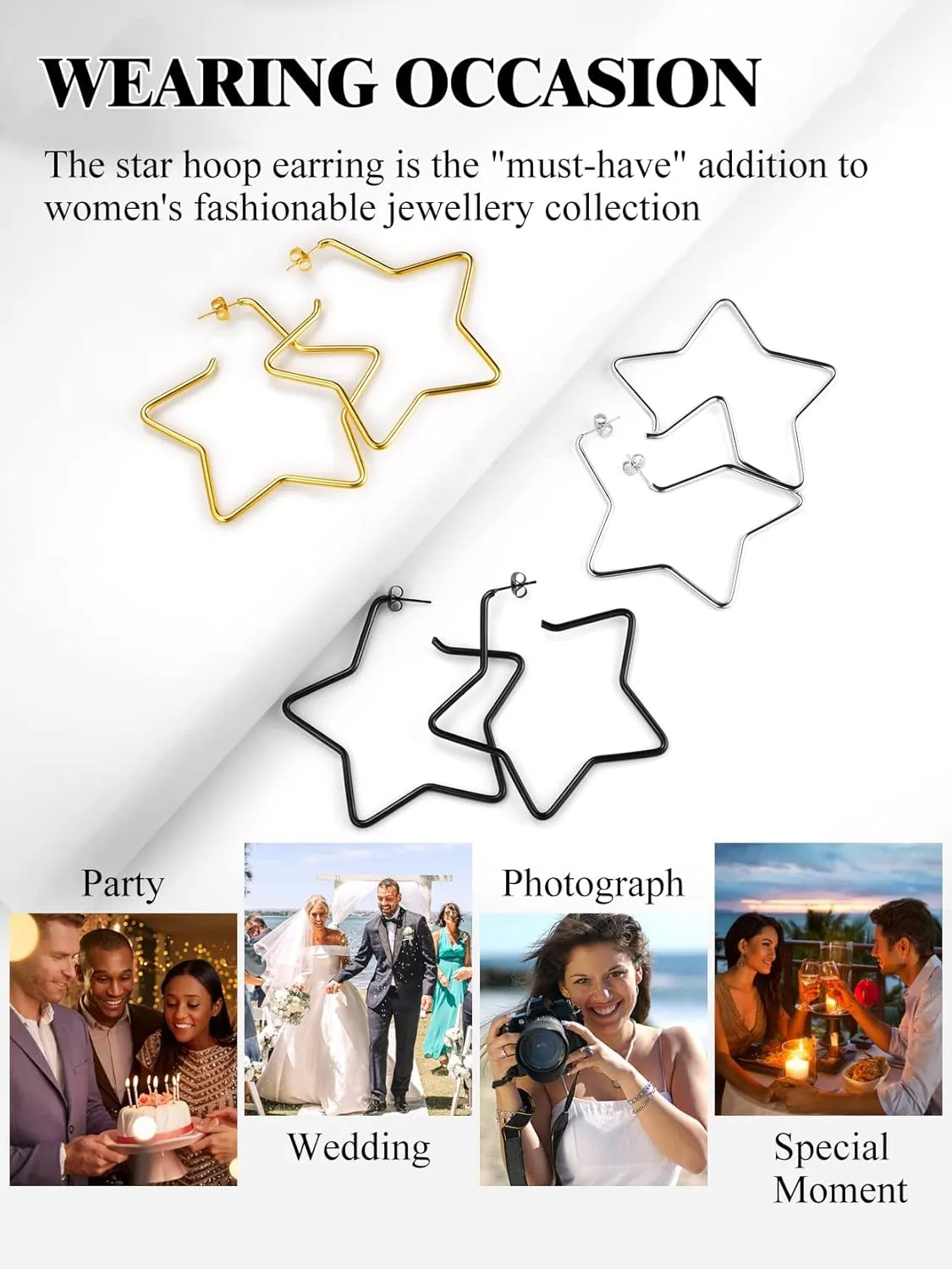Fashion Star Hoop Earrings for Women Stainless Steel/18K Gold/Black Plated Big Earring Hoops Fit Sensitive Ears(with Gift Box)