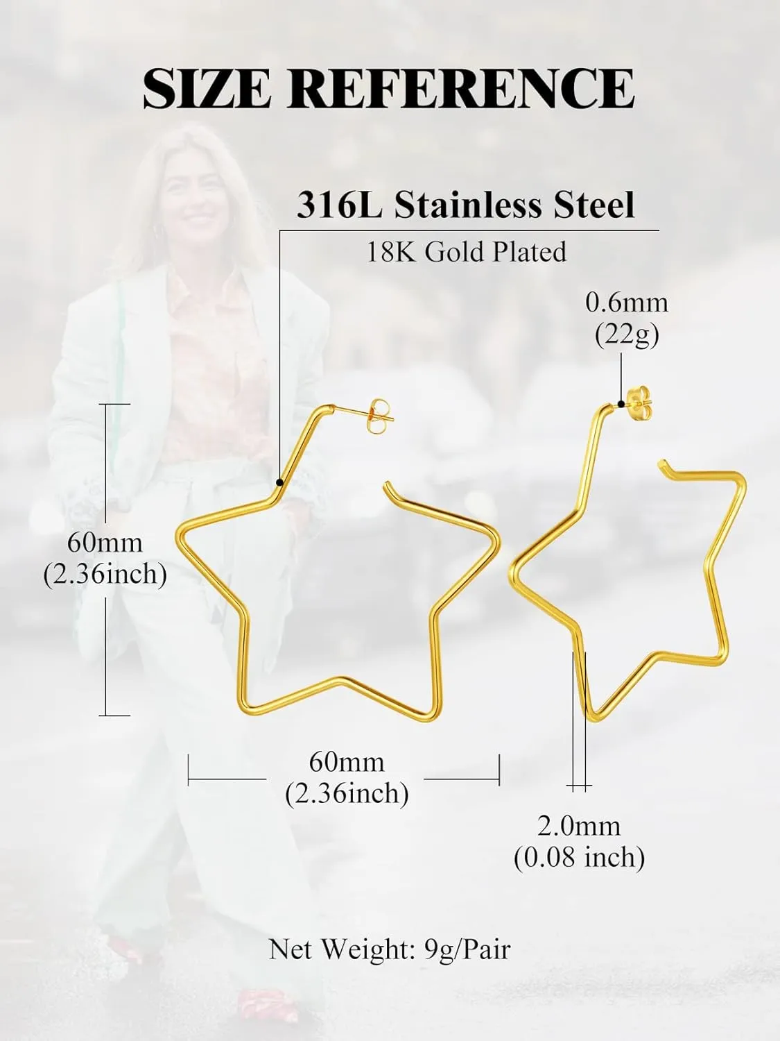 Fashion Star Hoop Earrings for Women Stainless Steel/18K Gold/Black Plated Big Earring Hoops Fit Sensitive Ears(with Gift Box)