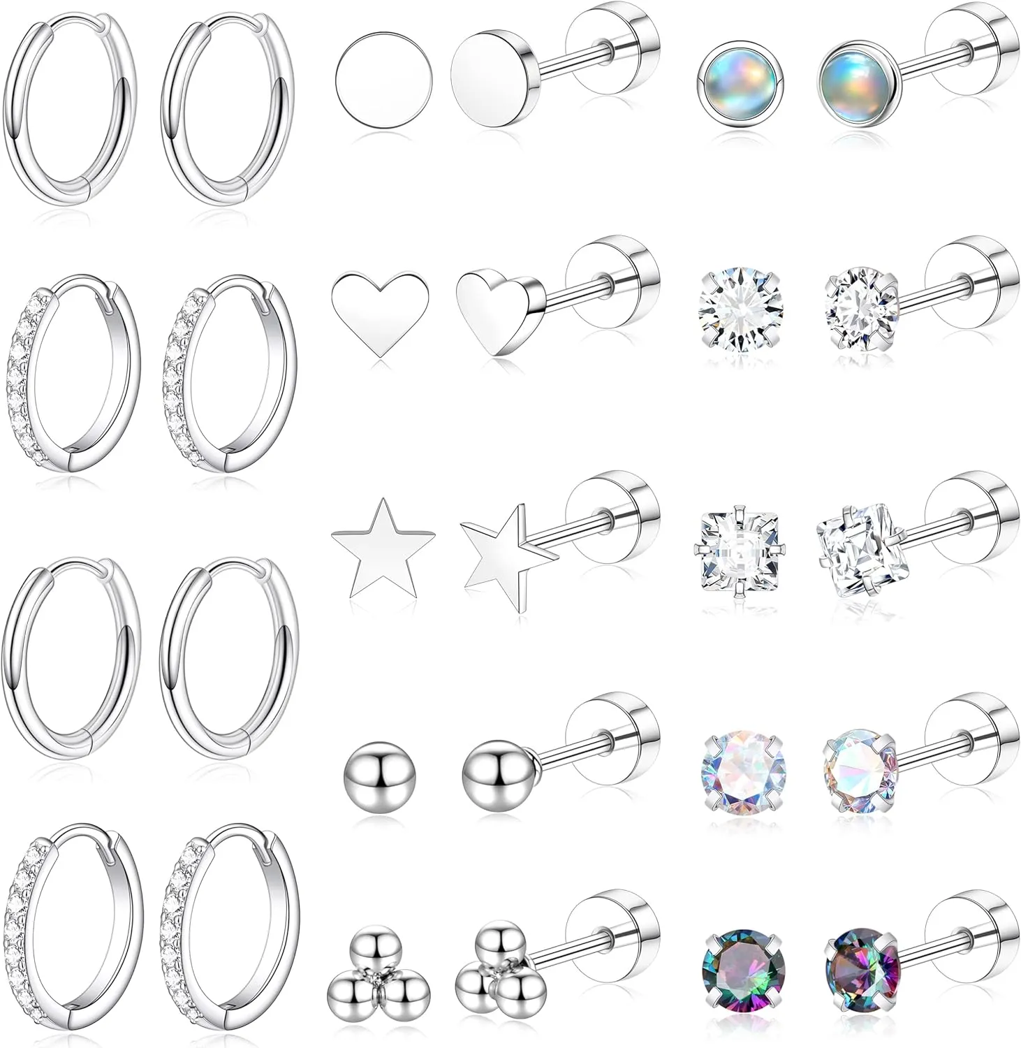 Flat Back Stud Cartilage Earrings for Women Surgical Stainless Steel Earring Sets Stack for Sensitive Ears Multiple Piercing Silver Screw Back