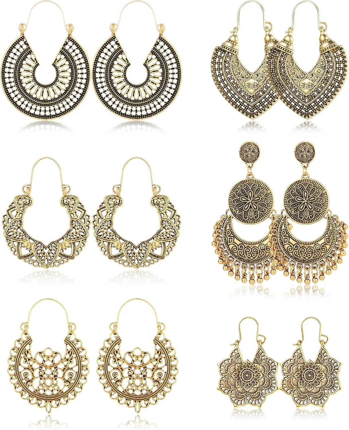 Florideco 6 Pairs Vintage Bohemian Drop Dangle Earrings Boho National Style Hollow Petal Heart Shaped Beaded Statement Earrings for Women Hypoallergenic Gold Jewelry