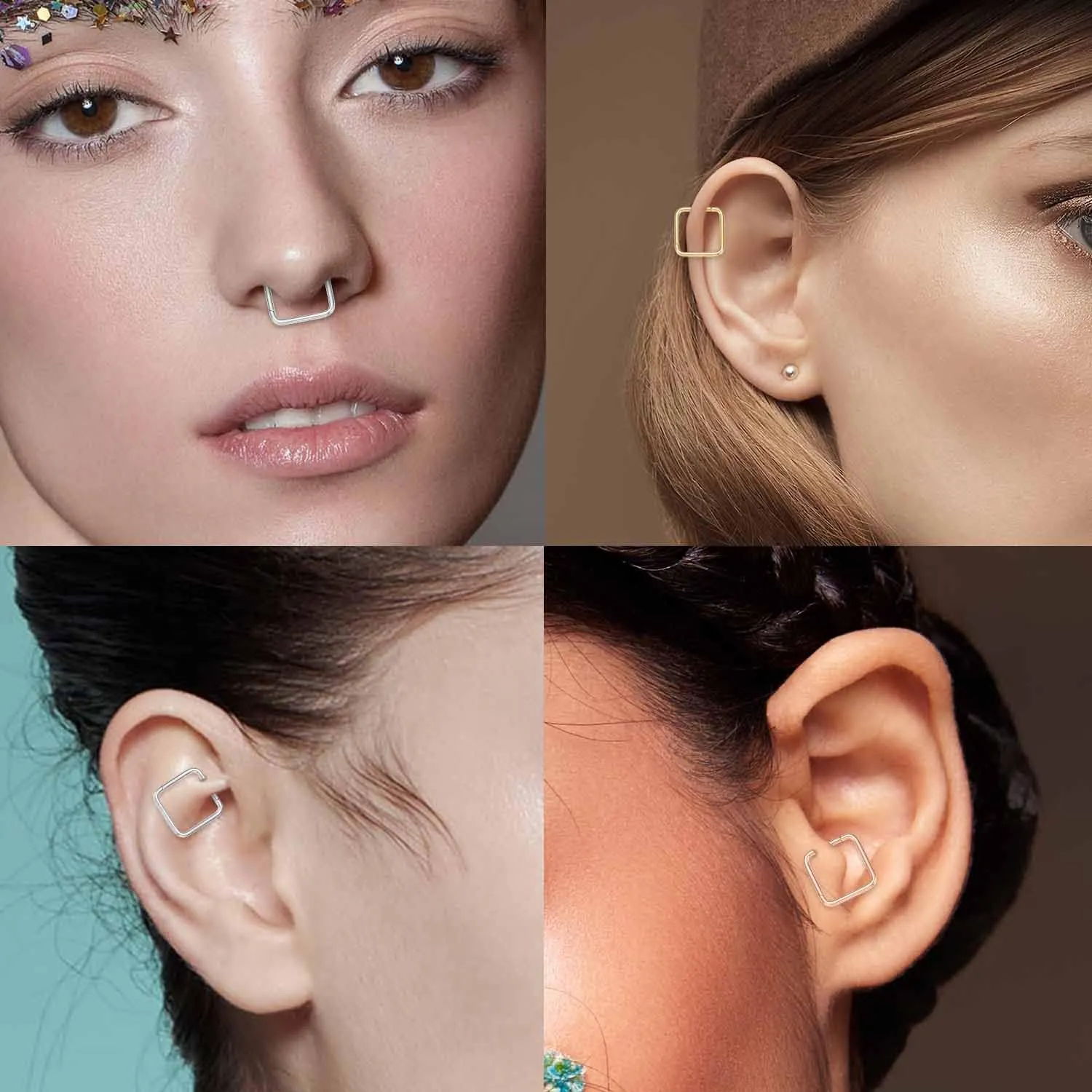 FUNLMO 316L Surgical Steel Septum Ring Square Nose Ring Hoop Daith Helix Tragus Rook Conch Piercing Jewelry Cartilage Earring 16G