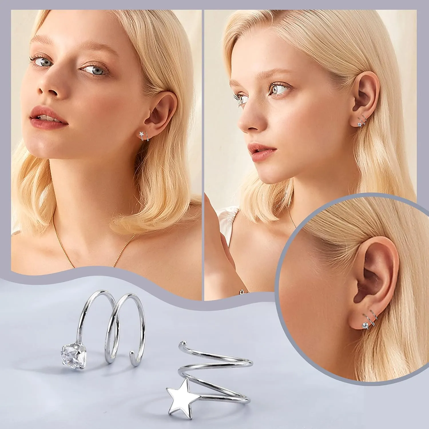 FUNRUN JEWELRY 2Pairs 925 Sterling Silver Twist Wrap Spiral Earrings for Women Double Hoop Climber Cuff Earrings Hypoallergenic Tiny CZ Cartilage Twist Piercing Earrings