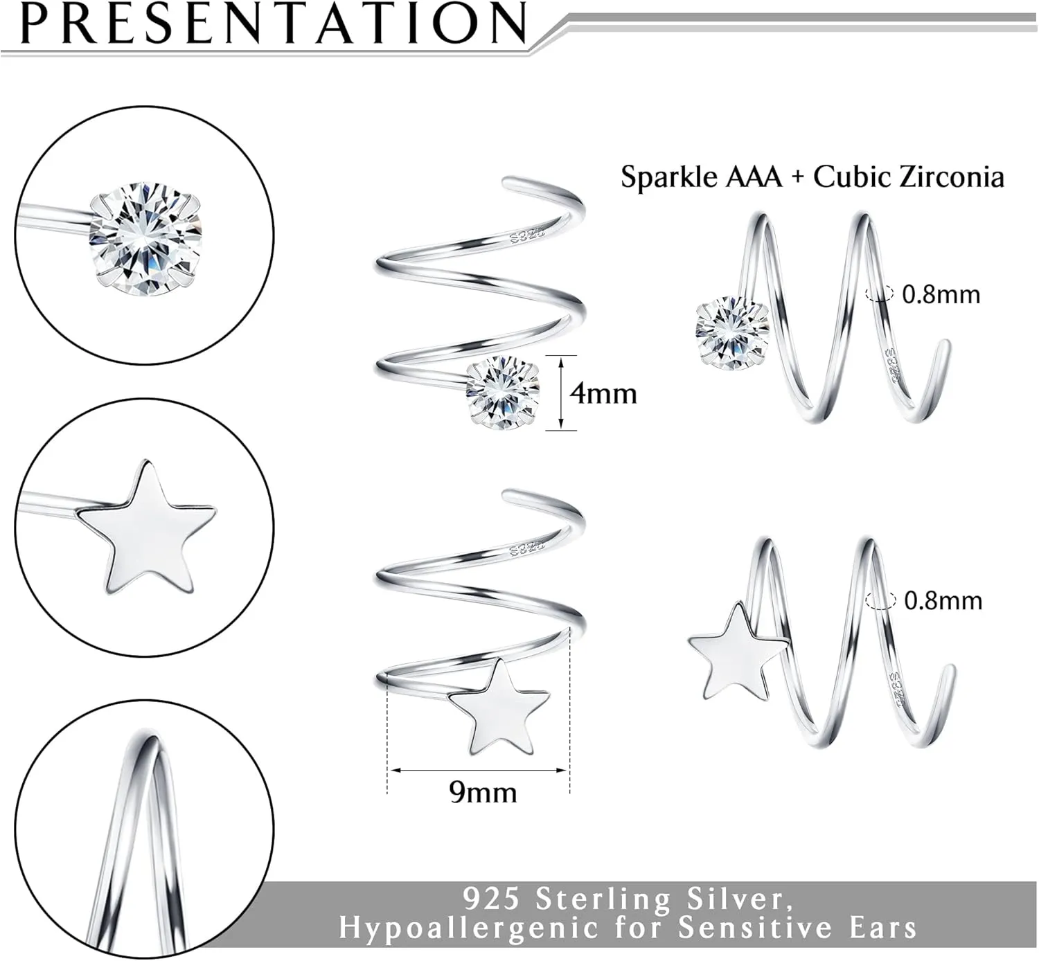 FUNRUN JEWELRY 2Pairs 925 Sterling Silver Twist Wrap Spiral Earrings for Women Double Hoop Climber Cuff Earrings Hypoallergenic Tiny CZ Cartilage Twist Piercing Earrings