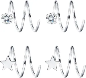 FUNRUN JEWELRY 2Pairs 925 Sterling Silver Twist Wrap Spiral Earrings for Women Double Hoop Climber Cuff Earrings Hypoallergenic Tiny CZ Cartilage Twist Piercing Earrings