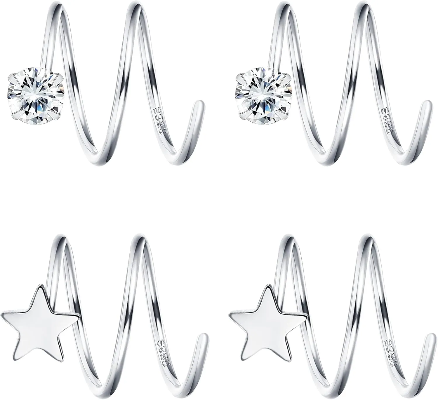 FUNRUN JEWELRY 2Pairs 925 Sterling Silver Twist Wrap Spiral Earrings for Women Double Hoop Climber Cuff Earrings Hypoallergenic Tiny CZ Cartilage Twist Piercing Earrings