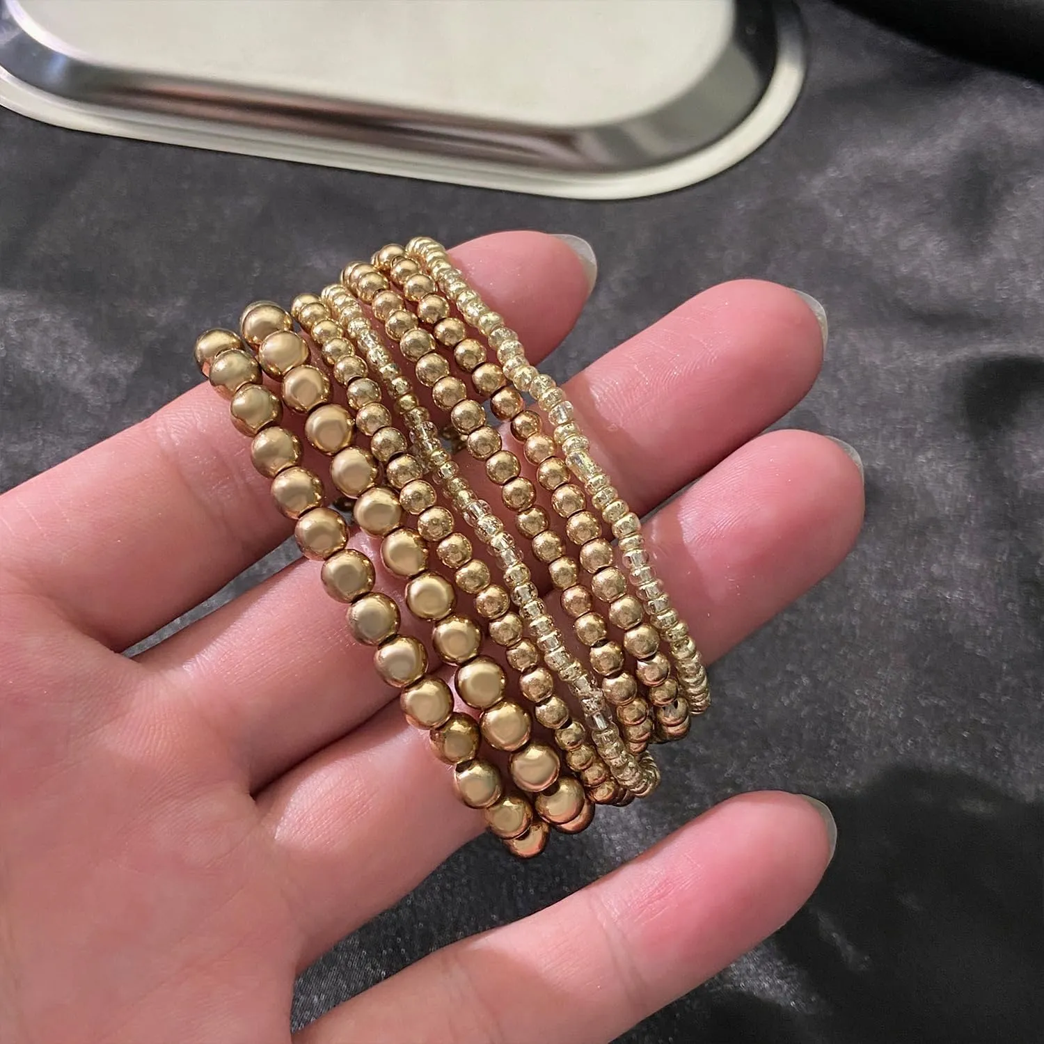 Fuqimanman2020 Chunky Simulated Pearl Stackable Stretch Bracelet Set Beaded Ball Adjustable Multilayered Elastic Bangles for Women Wedding Jewelry