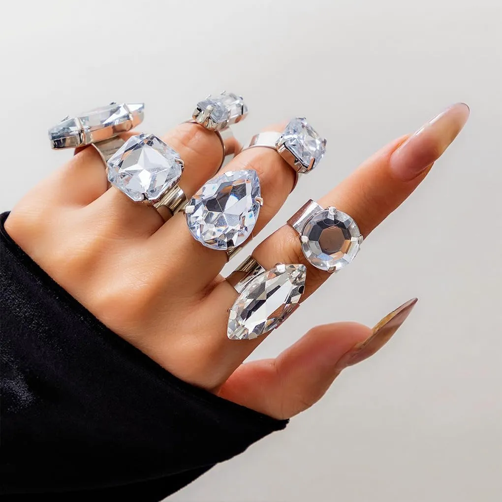 FUTIMELY 7Pcs Exaggerated Chunky Large Rhinestone Ring Set,Glitter Heart Square Oval Teardrop Knuckle Rings,Unique Red Crystal Open Rings Pack Cocktail Jewelry