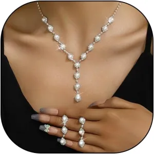 FUTIMELY Sparkling Rhinestone Pearls Jewelry Set for Women,Dainty Pearl Beaded Y Necklace Crystal Drop Dangle Earrings Trendy Wedding Necklace Earrings