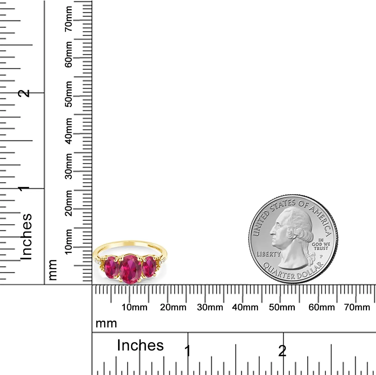 Gem Stone King 10K Yellow Gold Red Created Ruby and Diamond Accent 3 Stone Engagement Ring For Women | 2.54 Cttw | Oval 8X6MM and 6X44MM | Size 5-9.5