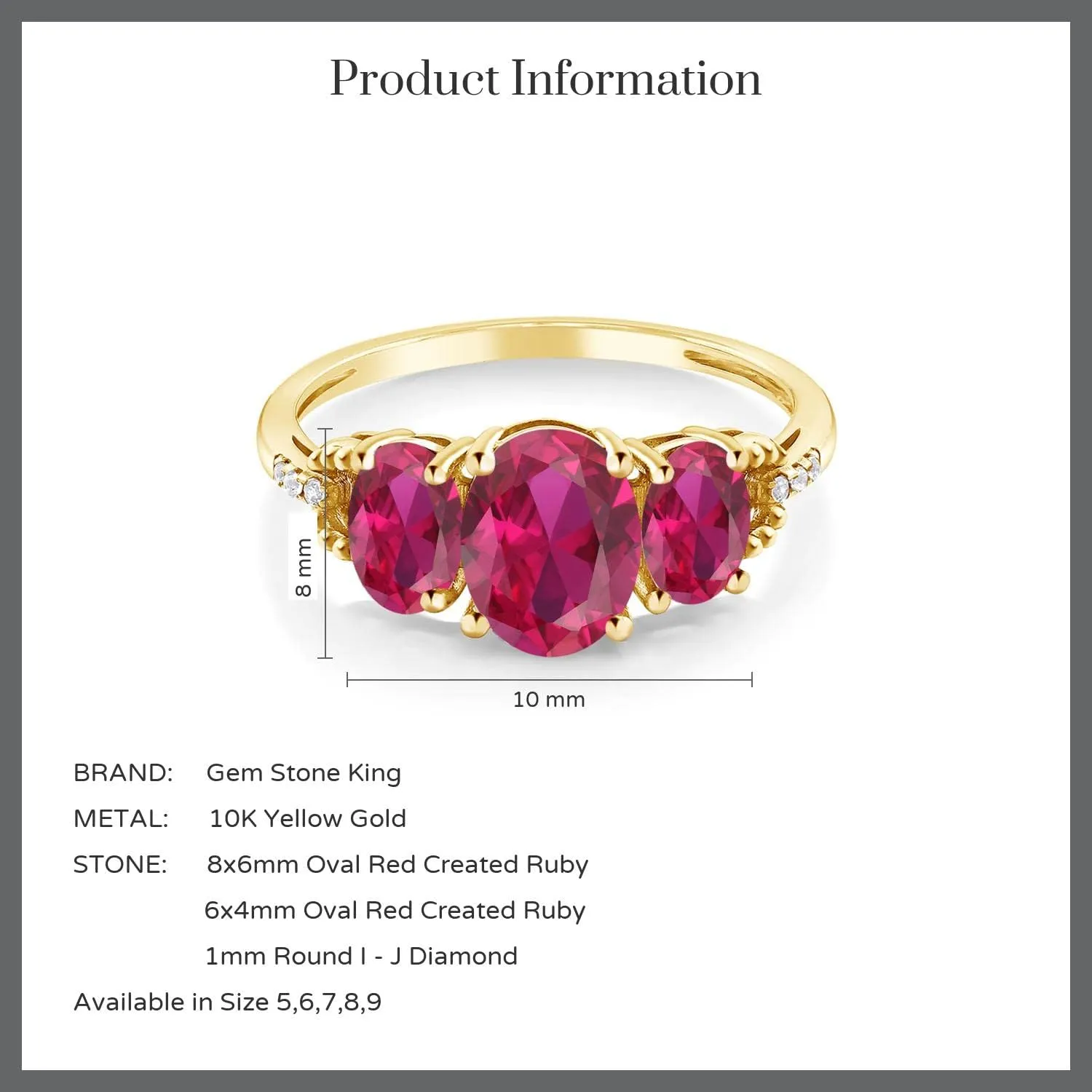 Gem Stone King 10K Yellow Gold Red Created Ruby and Diamond Accent 3 Stone Engagement Ring For Women | 2.54 Cttw | Oval 8X6MM and 6X44MM | Size 5-9.5