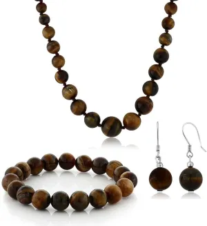 Gem Stone King 10MM Tiger Eye Brown Color Cross Cut Bead Necklace Bracelet and Earrings Set For Women