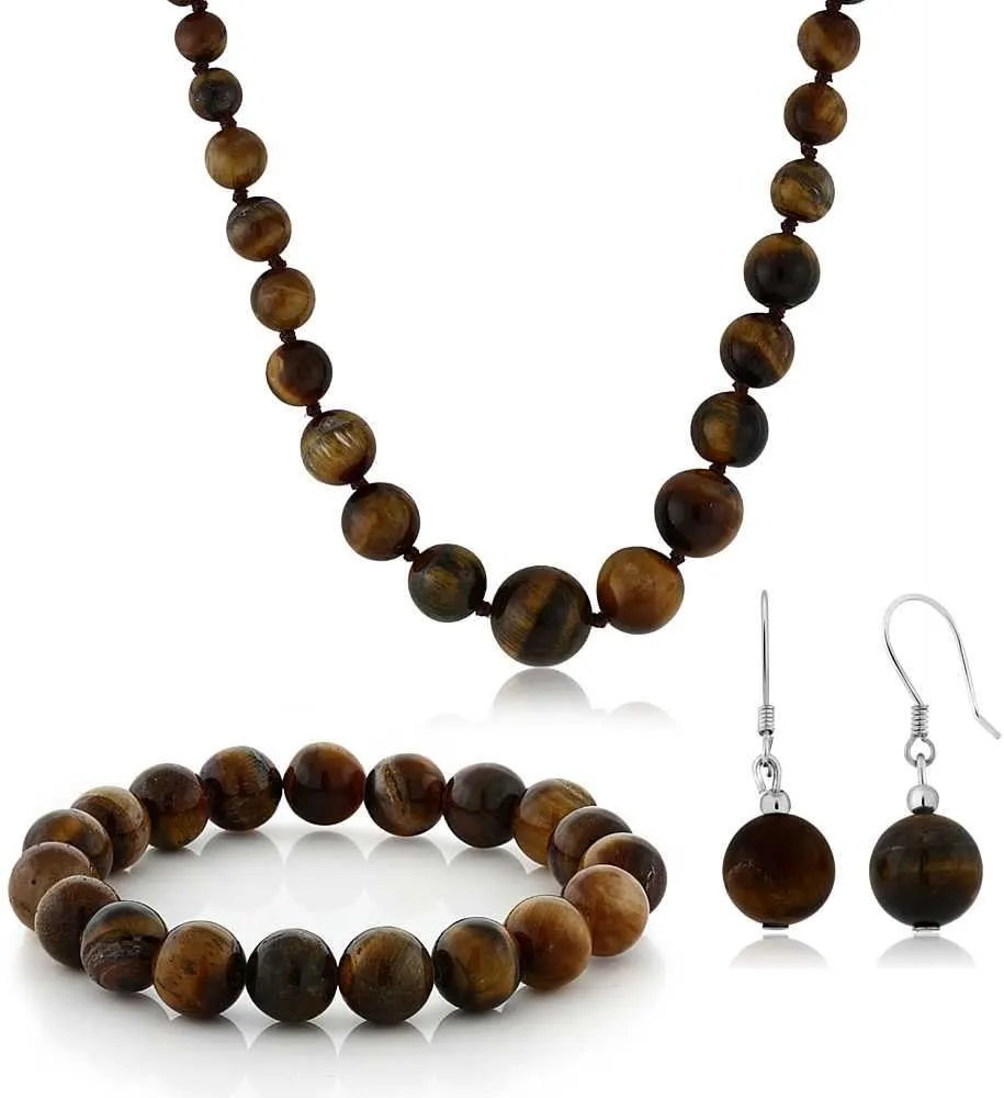 Gem Stone King 10MM Tiger Eye Brown Color Cross Cut Bead Necklace Bracelet and Earrings Set For Women