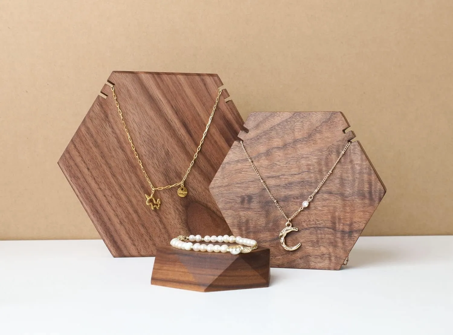 GemeShou Wood necklace holder stand, Retail hanging necklace organizer, Walnut necklace display stands for selling, jewelry stand necklace holderHexagon Necklace holder-Small