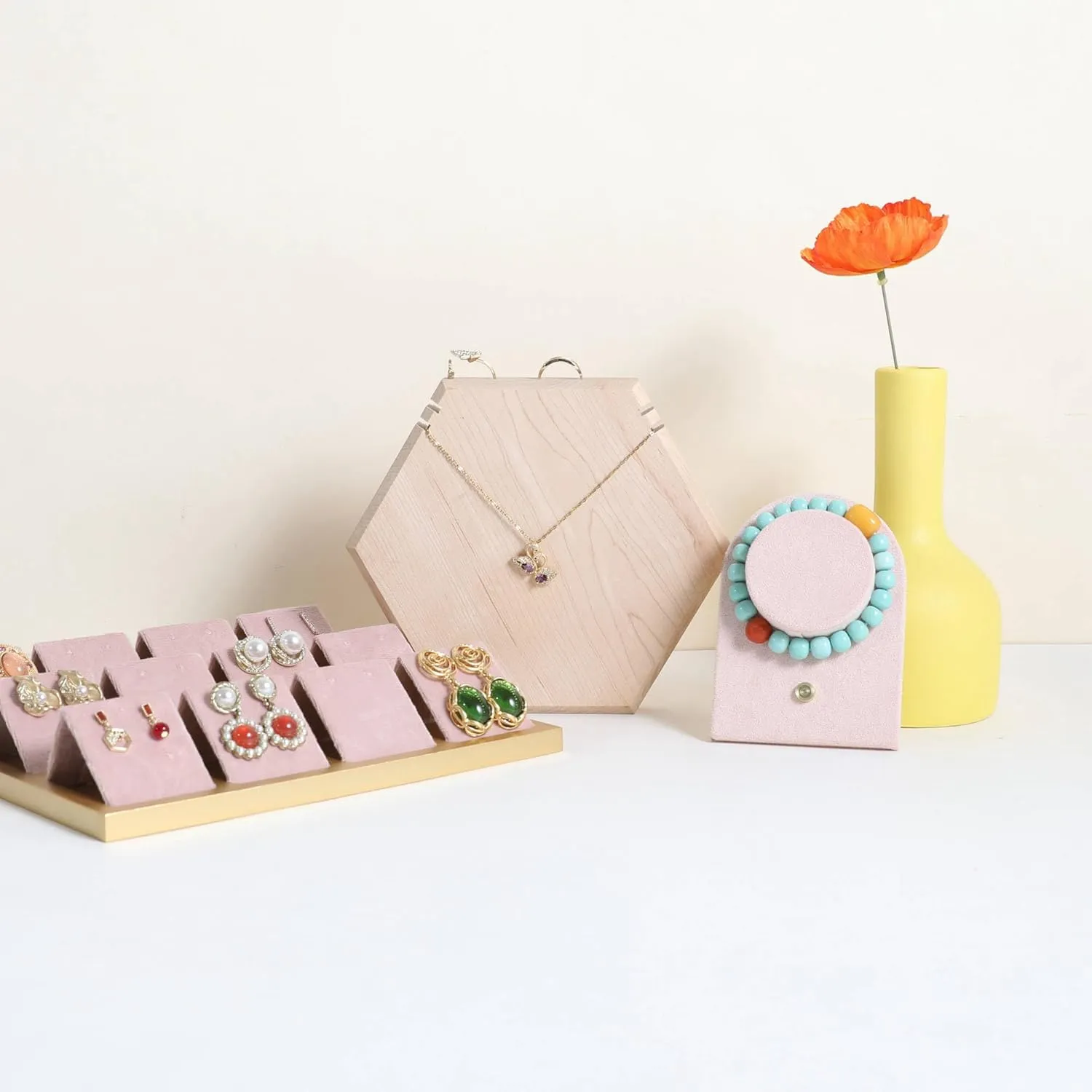 GemeShou Wooden Necklace Display Stand for selling, White Hexagon Jewelry Holder for Show, Necklace Retail Jewelry organizer photography propsHexagon Necklace holder-Large-White