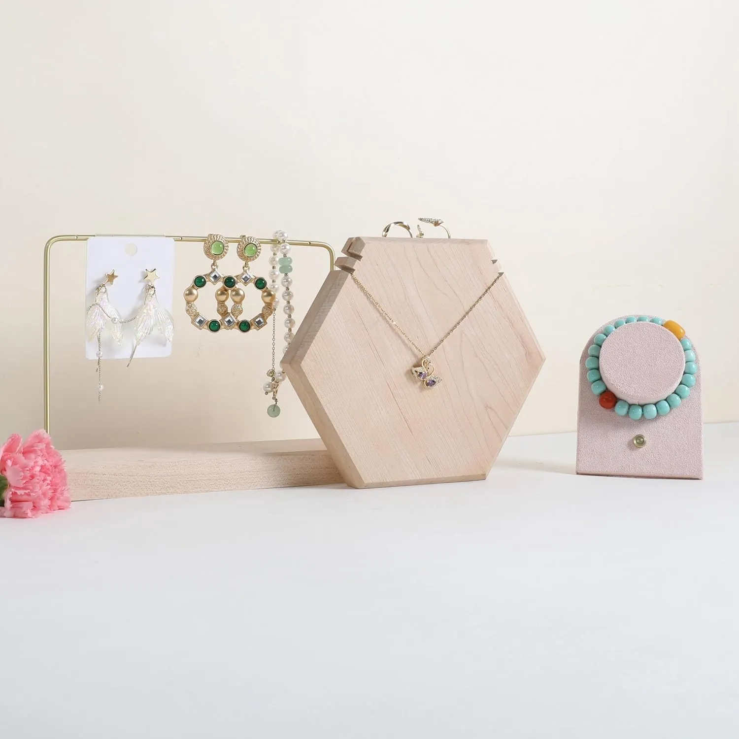 GemeShou Wooden Necklace Display Stand for selling, White Hexagon Jewelry Holder for Show, Necklace Retail Jewelry organizer photography propsHexagon Necklace holder-Large-White
