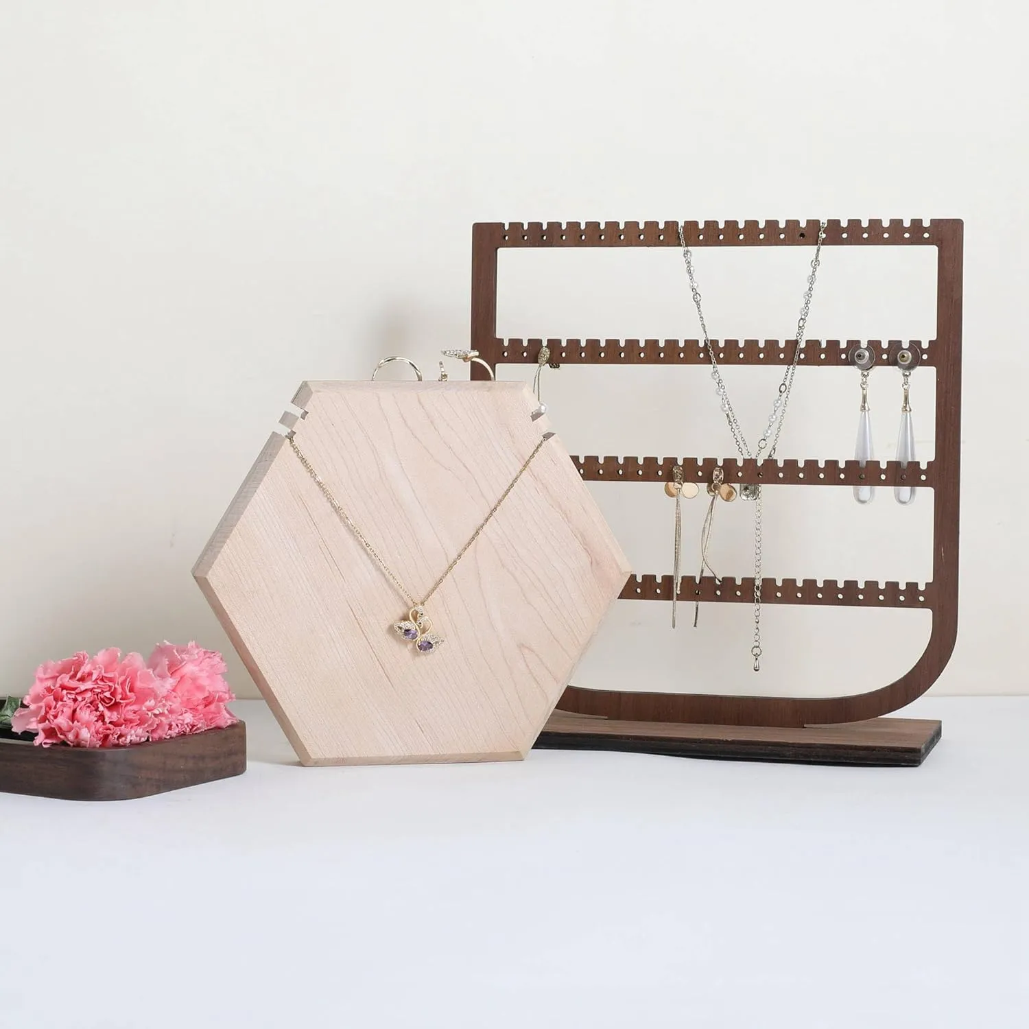 GemeShou Wooden Necklace Display Stand for selling, White Hexagon Jewelry Holder for Show, Necklace Retail Jewelry organizer photography propsHexagon Necklace holder-Large-White