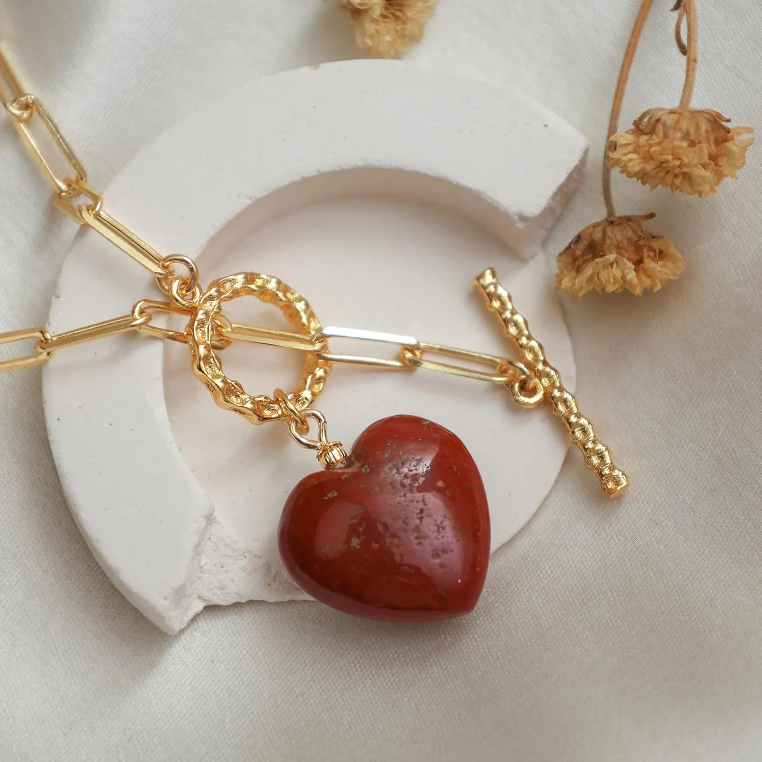 Gempires 20mm Gemstone Heart Pendant Necklace with Gold Paperclip Chain and Toggle Lock Stylish Dainty Jewelry for Women Gift for Mom Wife Girlfriend