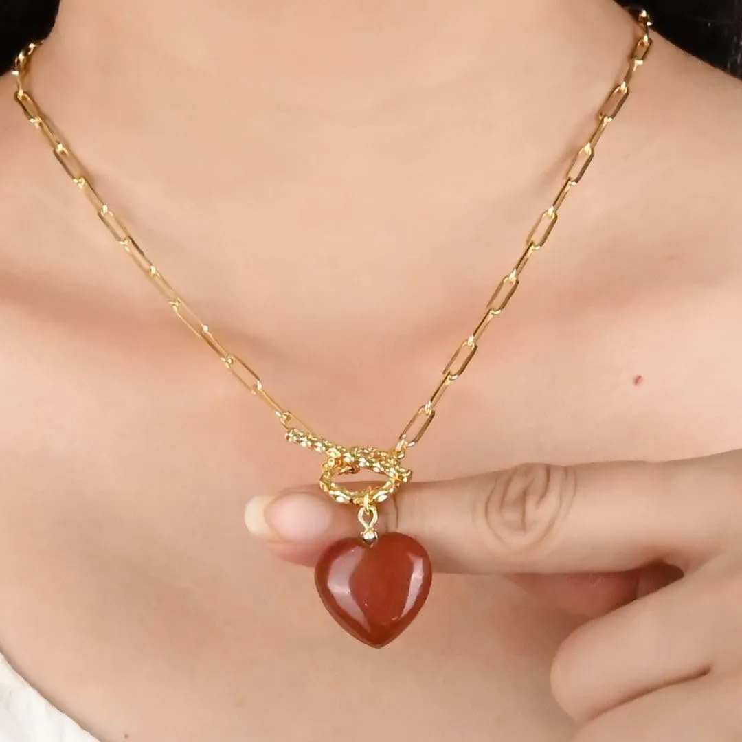 Gempires 20mm Gemstone Heart Pendant Necklace with Gold Paperclip Chain and Toggle Lock Stylish Dainty Jewelry for Women Gift for Mom Wife Girlfriend