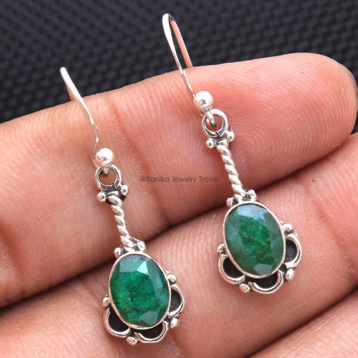 Genuine Emerald Gemstone Sterling Silver Drop Earrings for Women and Girls, Bezel Set Ear-Wire Earrings, Green Bridesmaid Earrings Gift