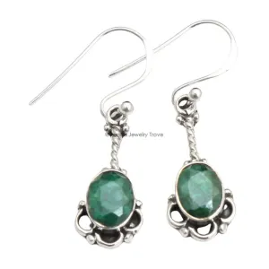 Genuine Emerald Gemstone Sterling Silver Drop Earrings for Women and Girls, Bezel Set Ear-Wire Earrings, Green Bridesmaid Earrings Gift