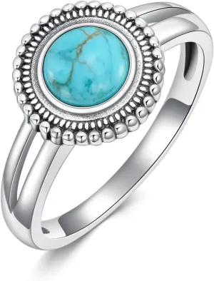 Genuine Turquoise Ring for Women 925 Sterling Silver Round Turquoise Navajo Ring Bohemian Boho Jewelry Birthday Christmas Gift for Her Wife Mom